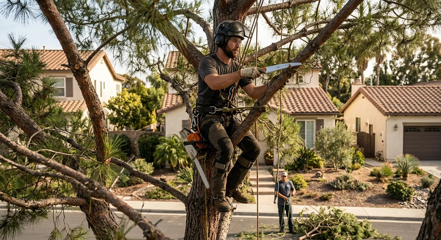Arborist selectively thinning a dense canopy to improve airflow in Torrance