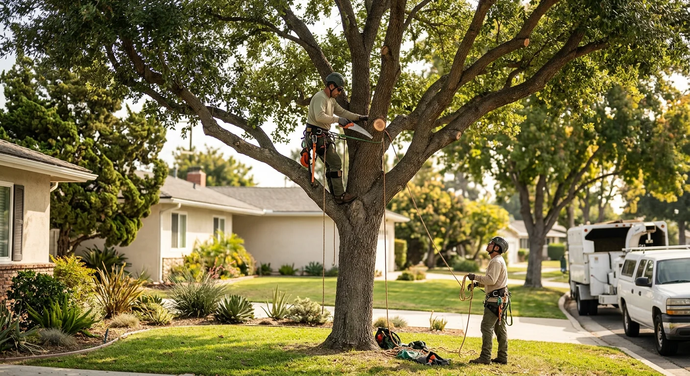 Wide shot of a restored front-yard tree with balanced healthy canopy
