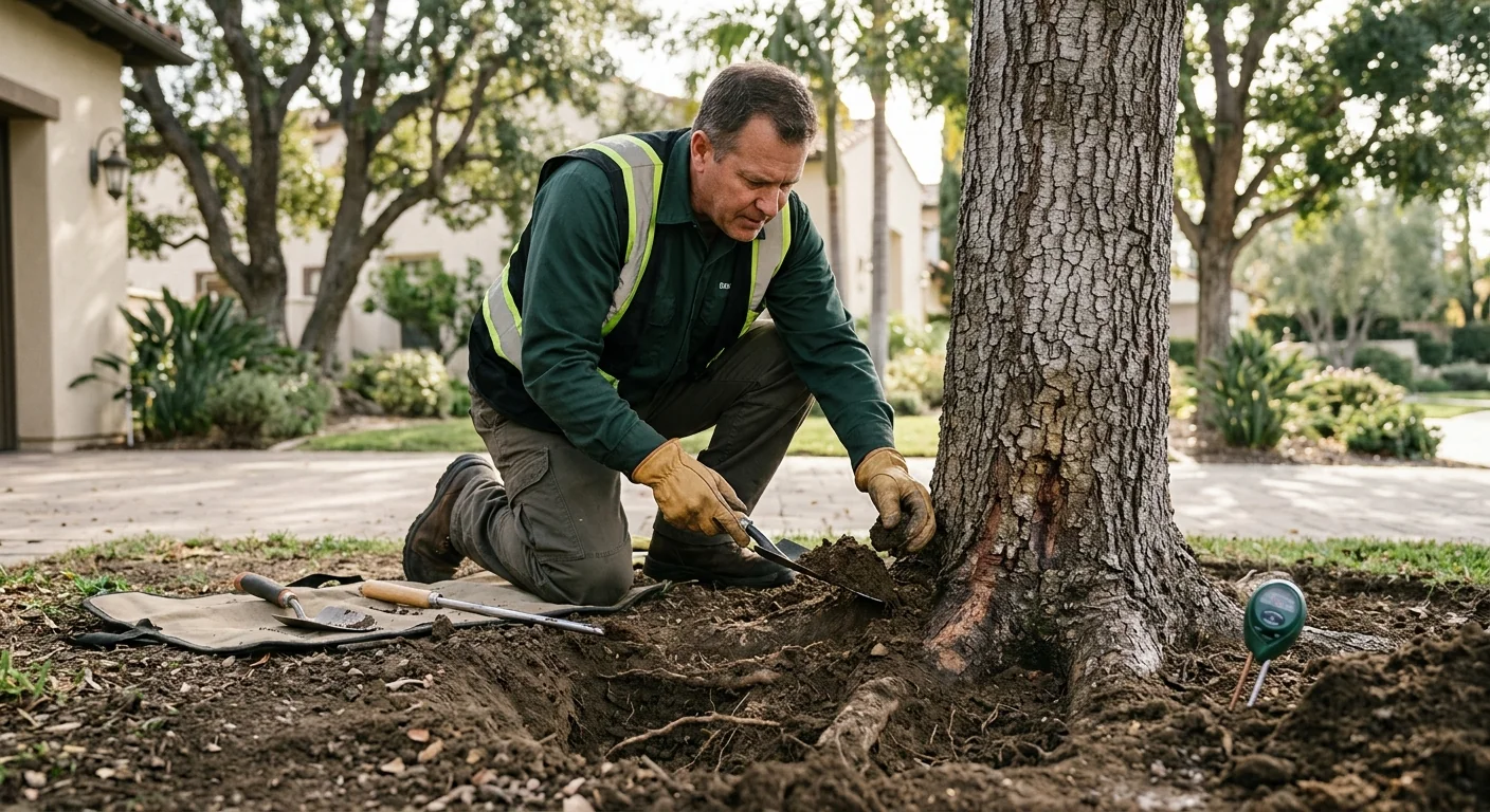 Inspection of a root collar showing checked bark and soil condition