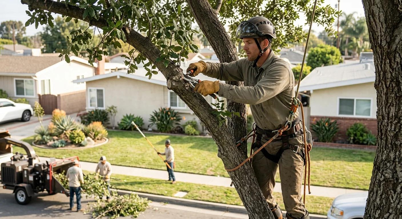Arborist inspecting tree canopy health during routine maintenance visit in Torrance