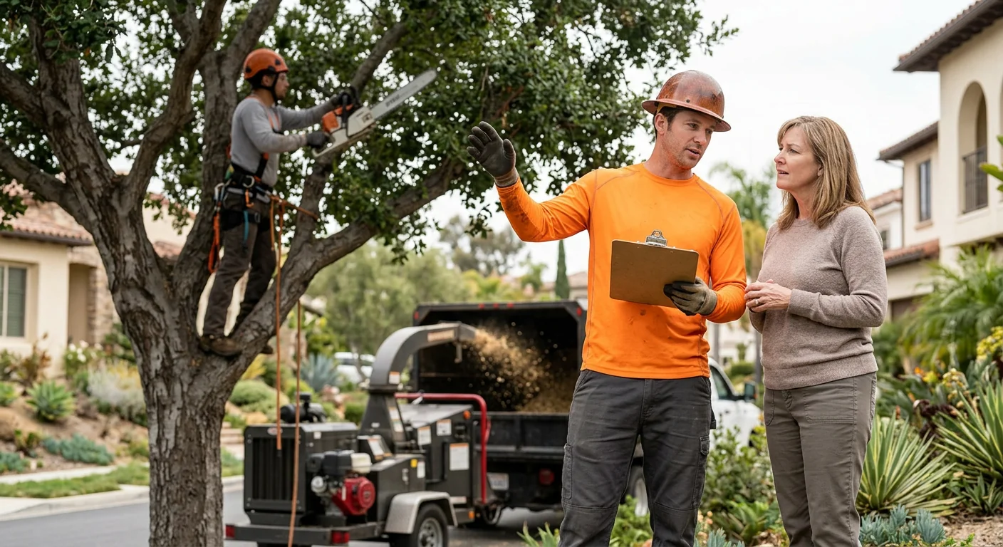 New trees staked and mulched along a landscaped Torrance property with estimate paperwork
