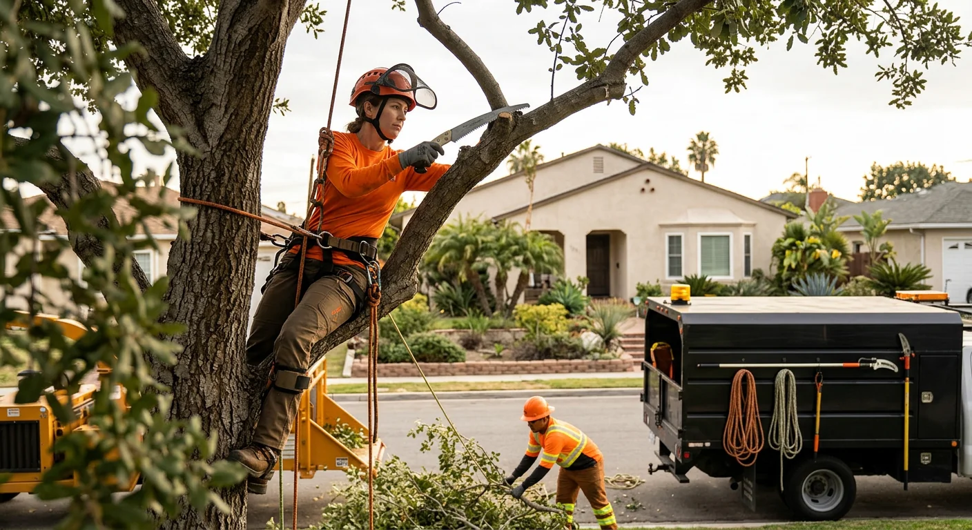 Arborist planting a young tree in a prepared Torrance yard bed