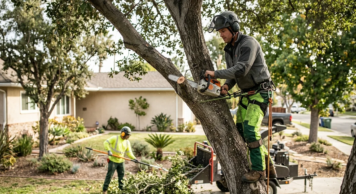 Young shade tree newly planted in a residential Torrance front yard with staking