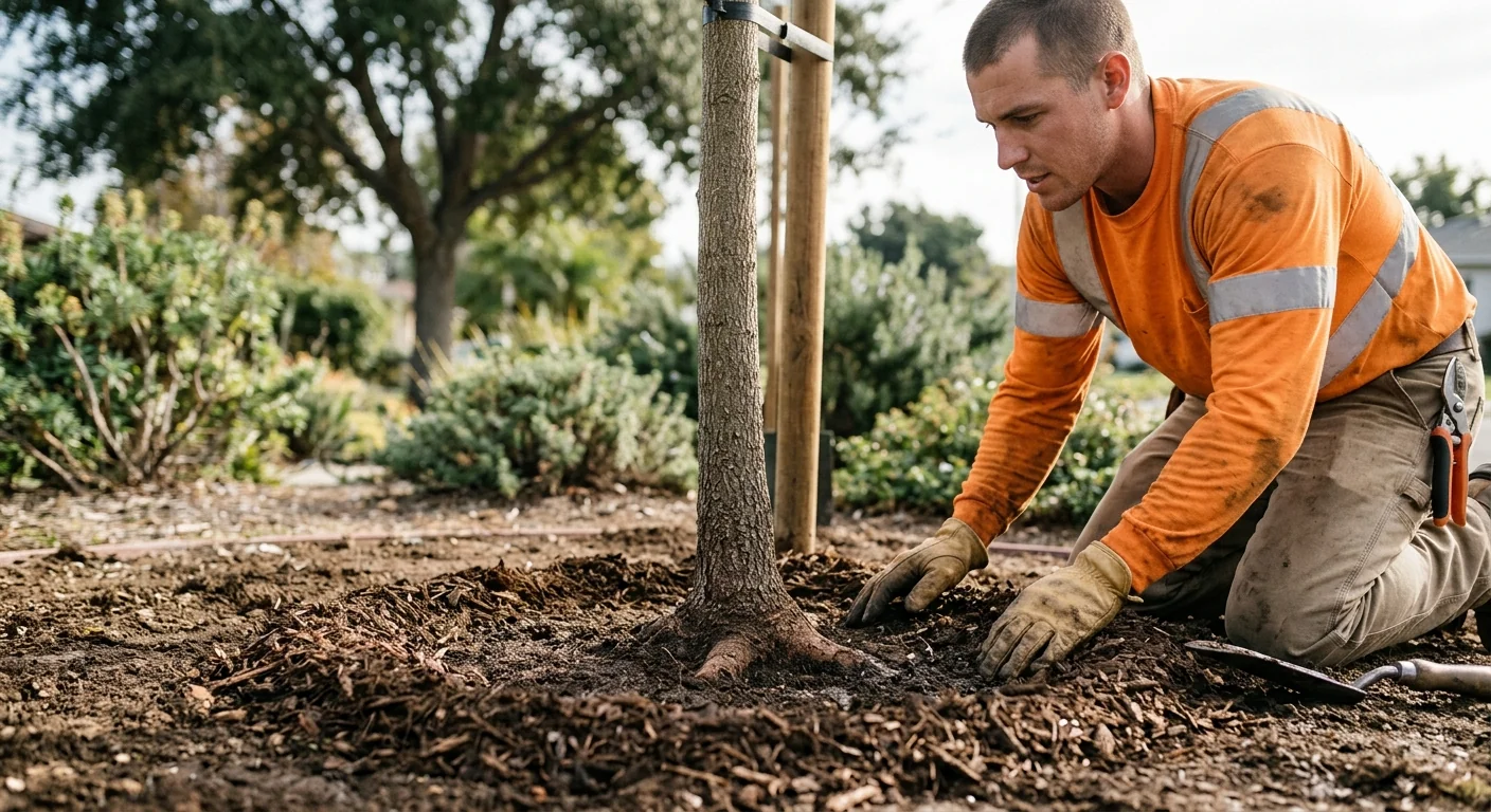 Close-up of a newly planted tree root collar set at proper soil grade