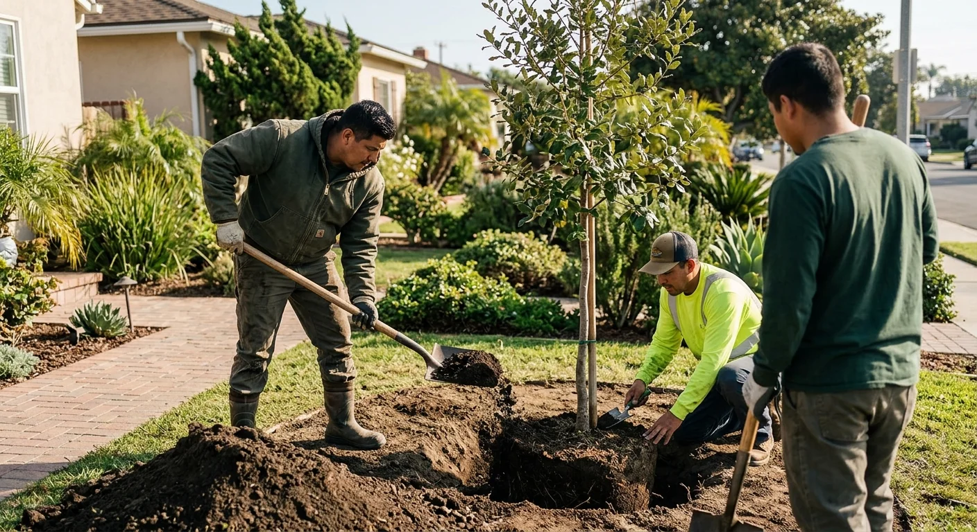 Crew backfilling amended soil around a fresh planting pit in a residential yard