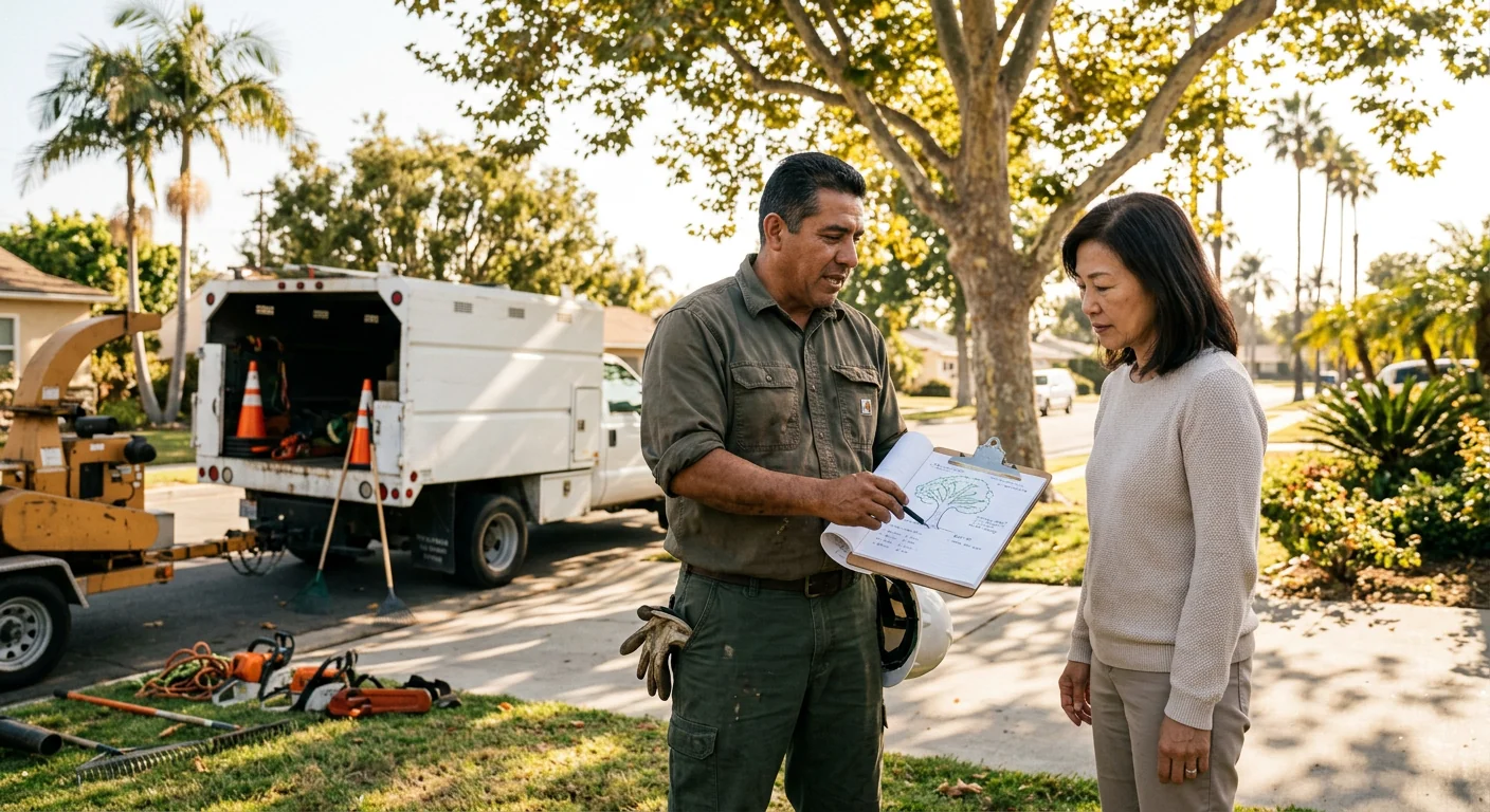 Arborist reviewing a written tree pruning estimate beside a mature Torrance yard tree