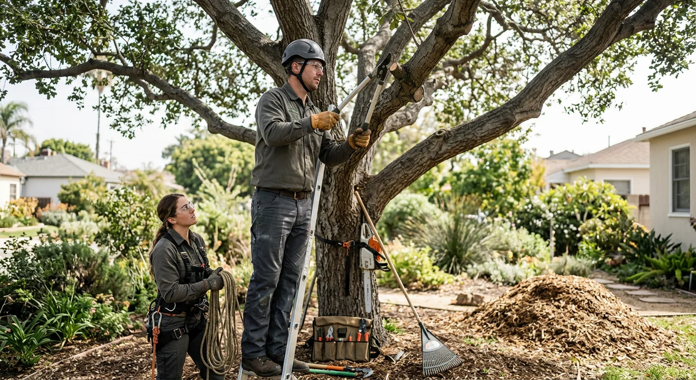 Arborist making a precise pruning cut on a mature residential tree canopy