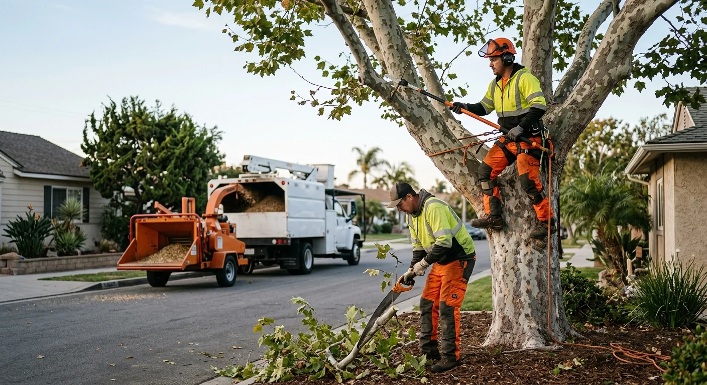 Arborist inspecting a dense residential tree canopy for crossing limbs in Torrance