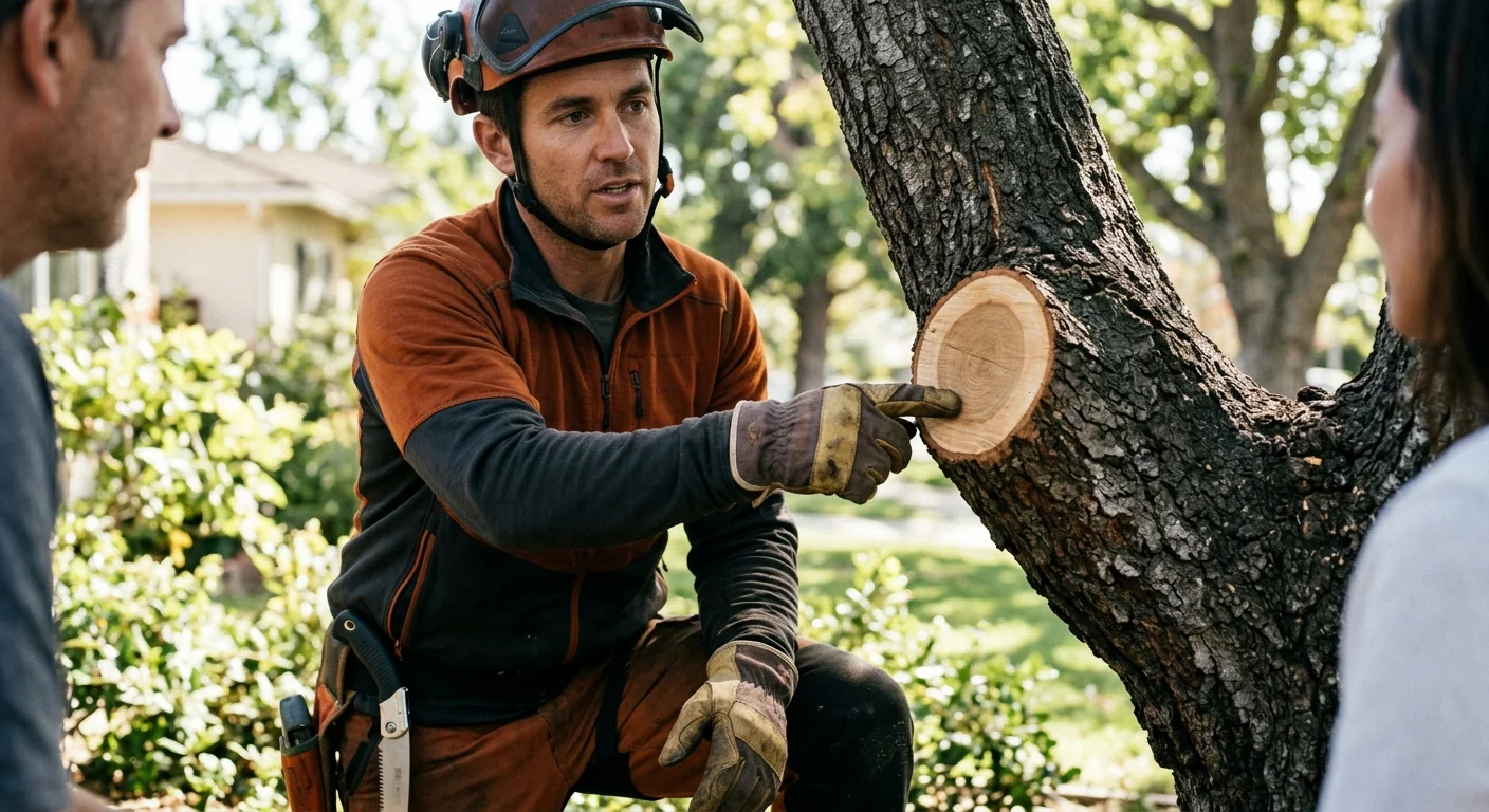 Close-up of a clean branch collar cut on a pruned residential oak