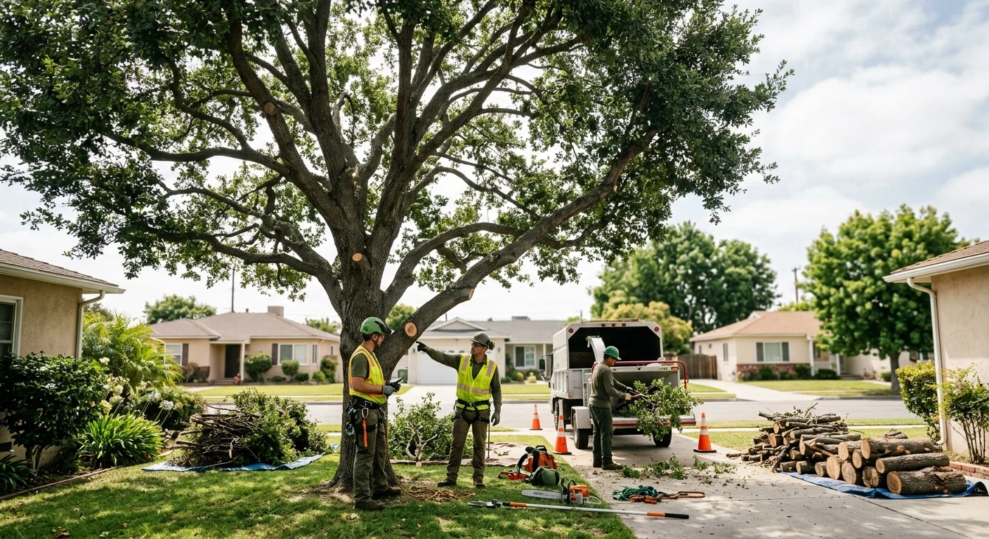 Wide view of a balanced tree canopy after crown thinning on a Torrance lot