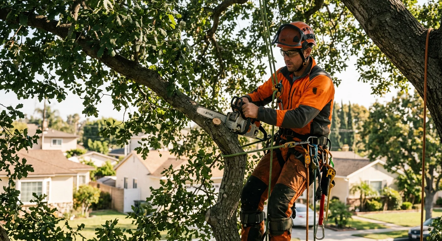Arborist making a precise reduction cut high in a mature tree canopy