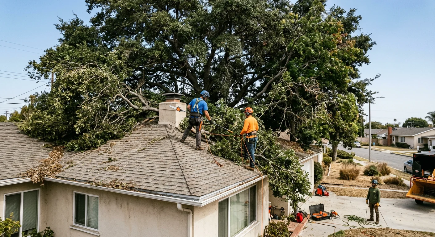 Before-context shot of an overgrown crown crowding a suburban rooftop