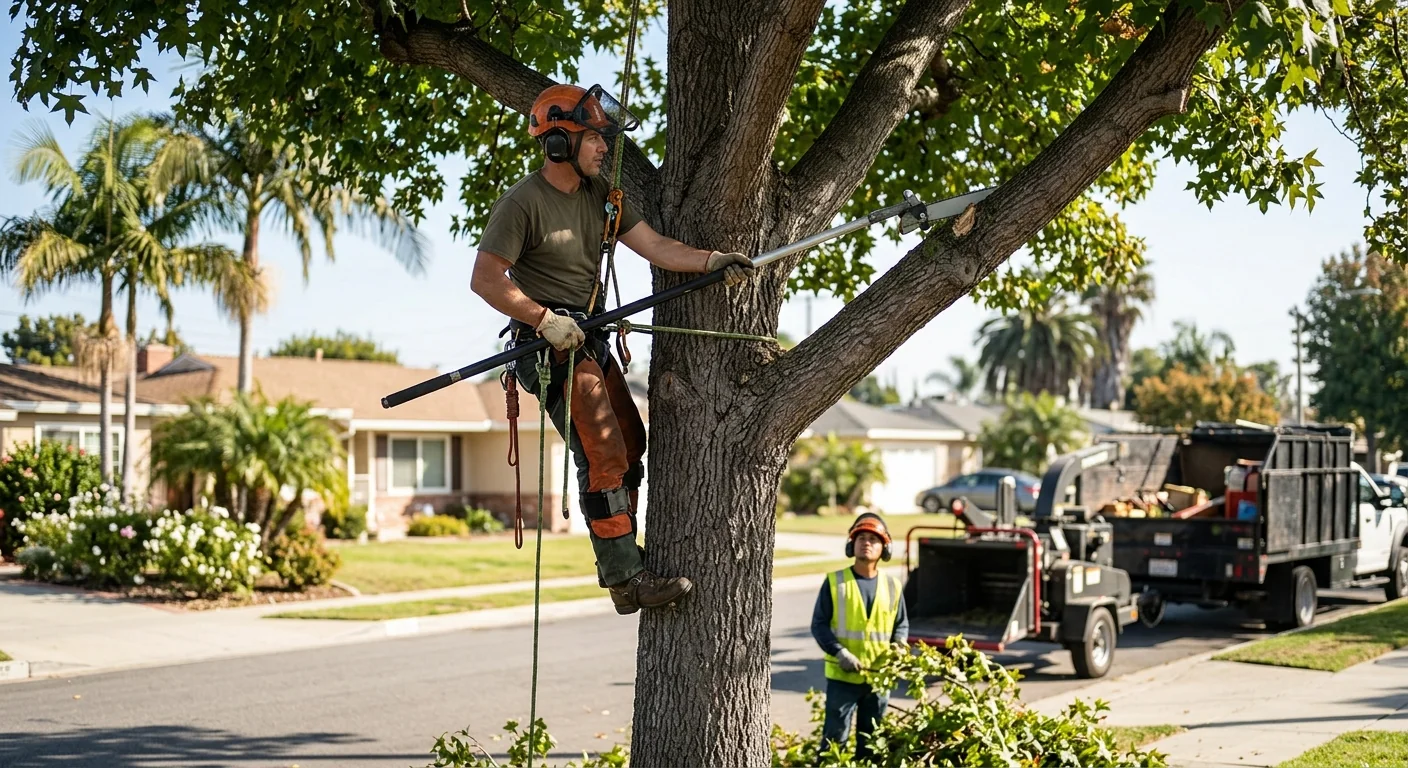 Arborist making precise pruning cuts on a mature tree canopy in Torrance