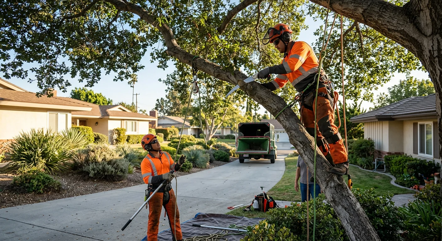 Arborist performing a controlled tree removal in a Torrance backyard
