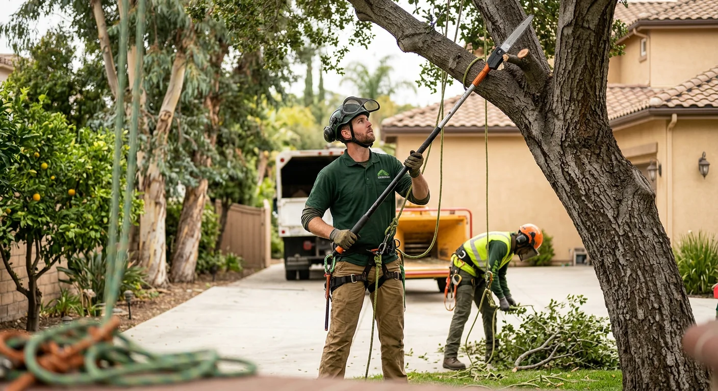 Arborist inspecting a leaning declining tree near a Torrance home before removal