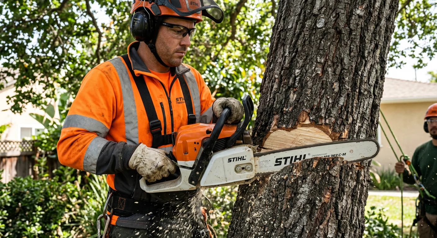 Close-up of controlled chainsaw felling cut on a mature trunk in Torrance