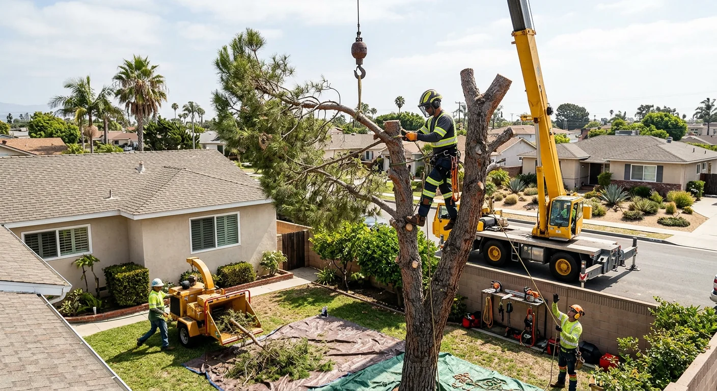 Wide shot of crane-assisted tree removal above a residential Torrance backyard