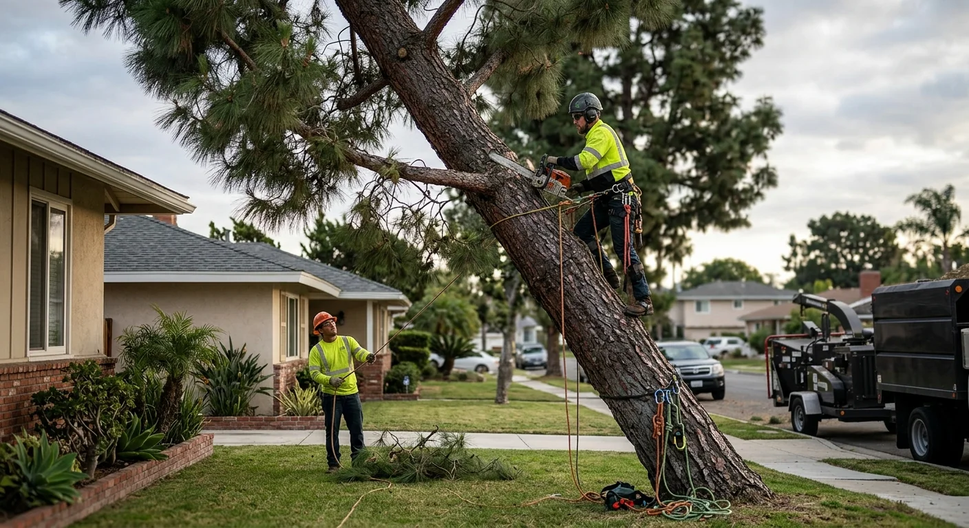 Storm-damaged pine leaning toward a rooftop before removal on a Torrance lot