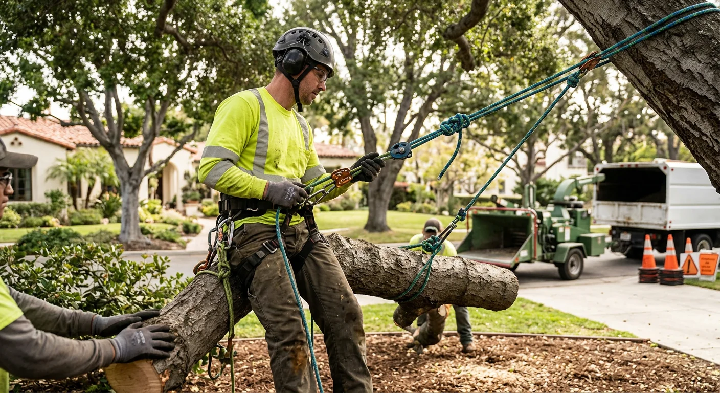 Arborist using rigging lines to lower a large limb into a clear drop zone