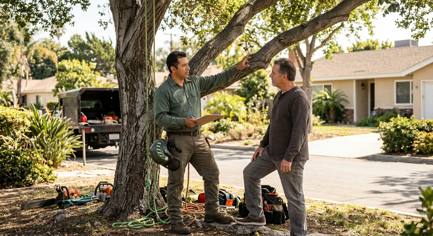 Arborist reviewing a written tree risk assessment estimate on a Torrance property