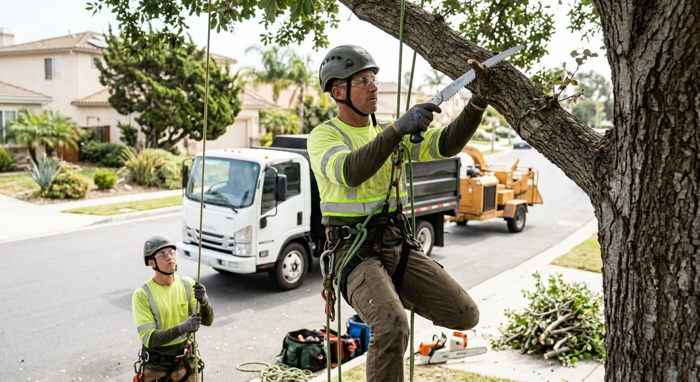 Certified arborist inspecting a mature tree trunk for decay in Torrance