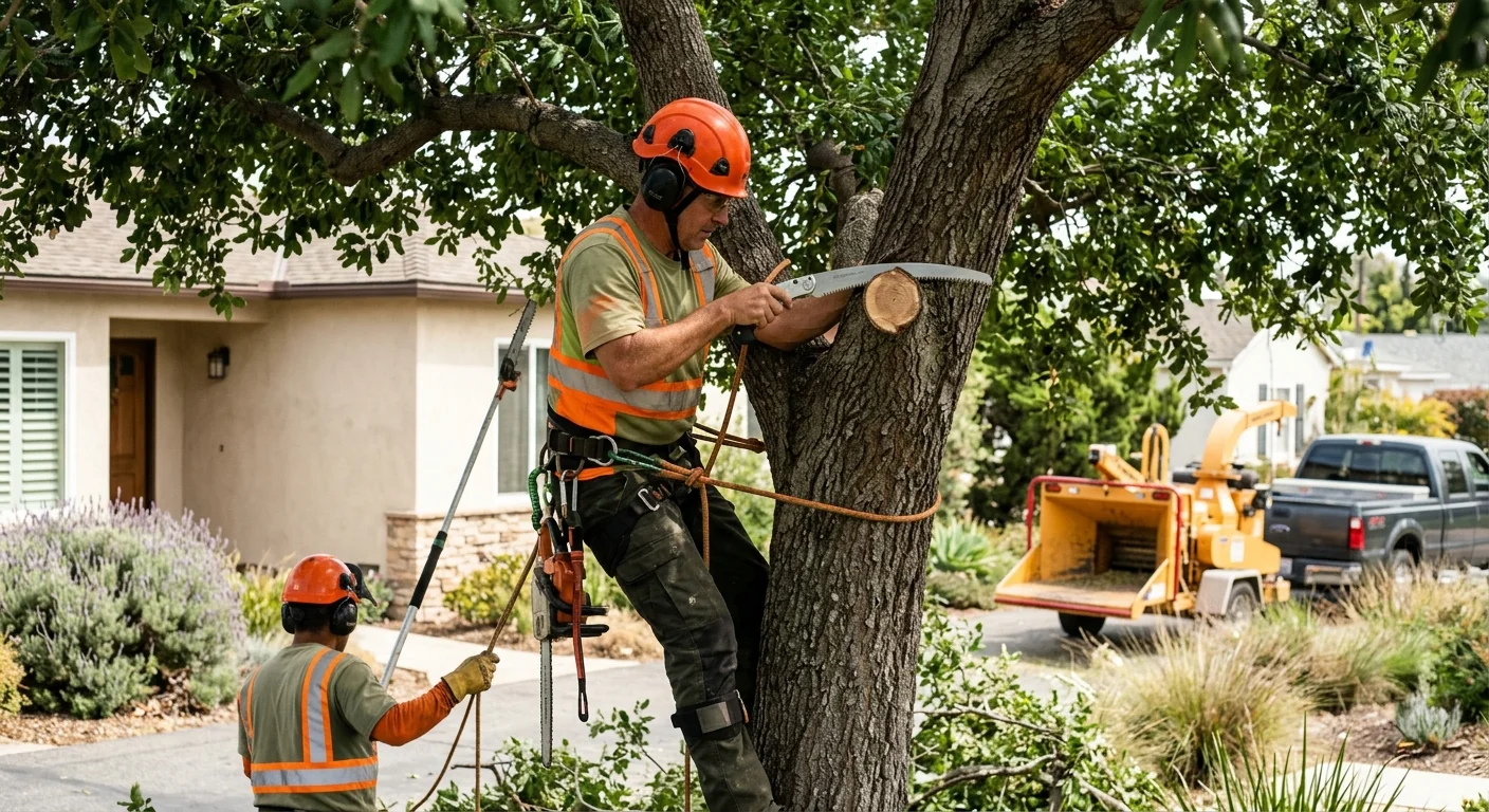 Arborist inspecting a leaning trunk with visible decay on a Torrance residential property