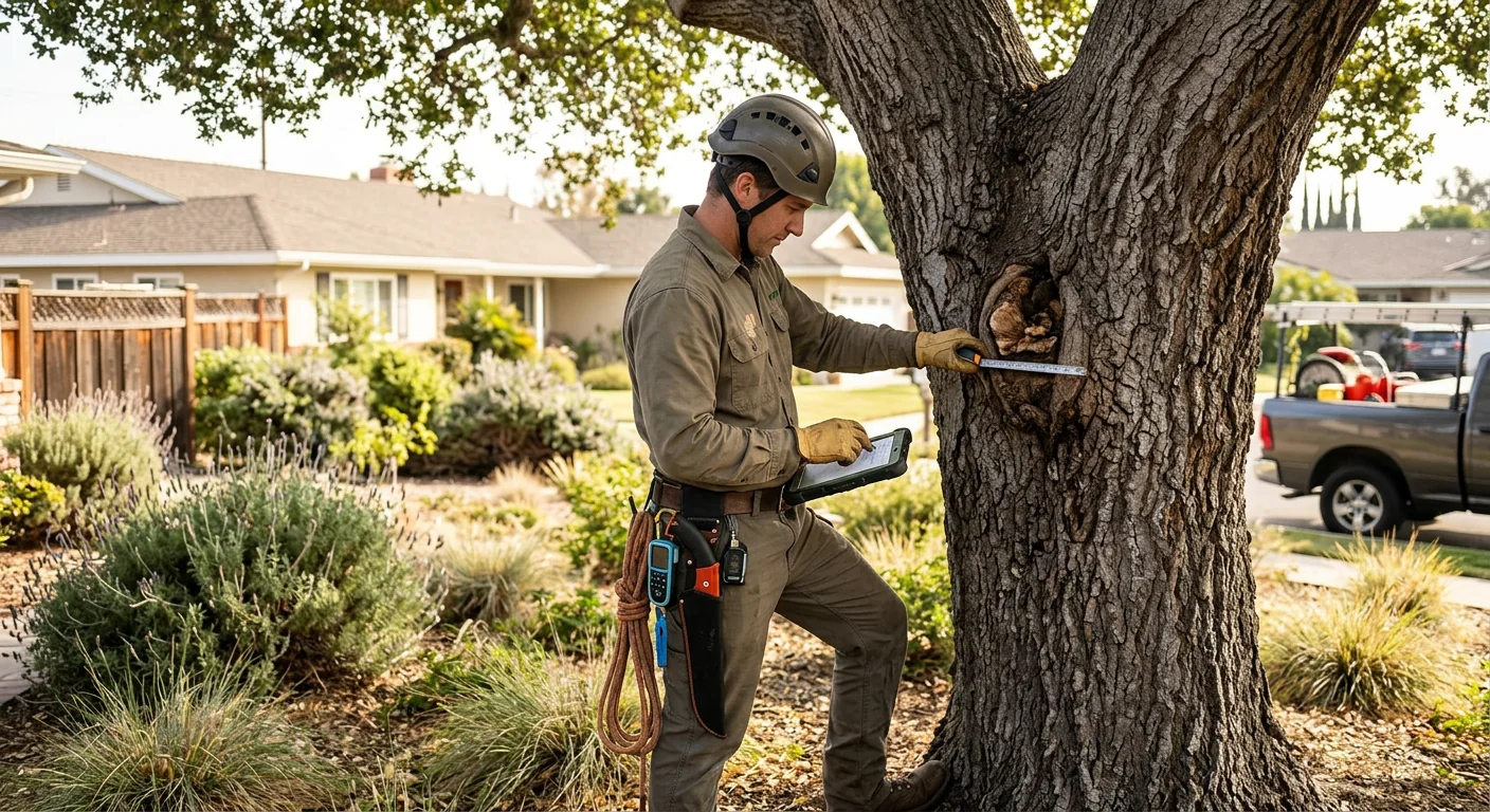 Arborist recording trunk defects on a mature oak in a Torrance backyard