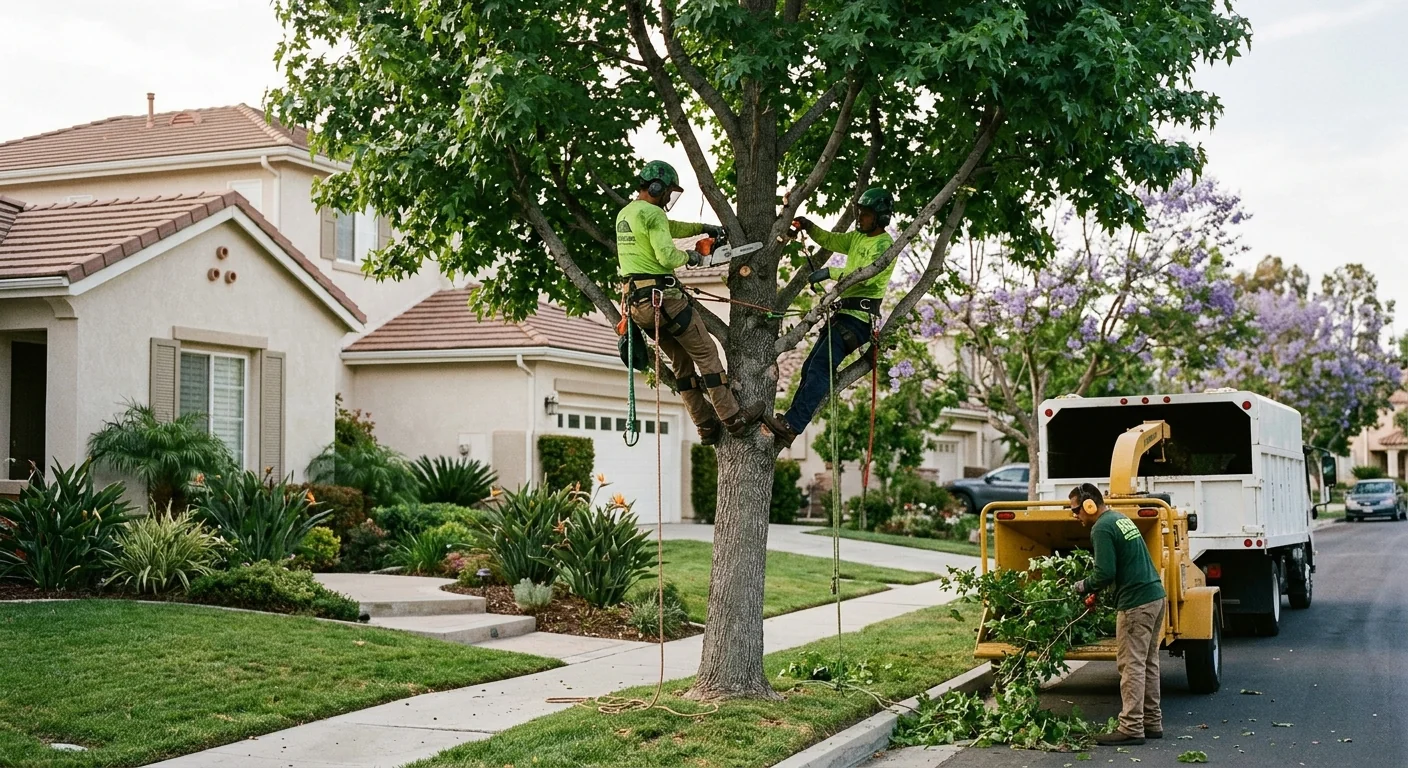 Wide view of a tree stand surveyed across a Torrance residential lot