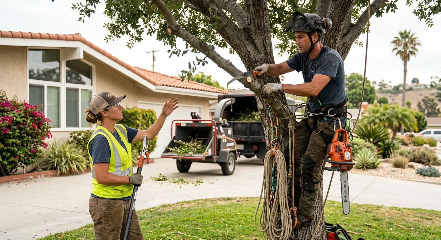 Arborist reviewing a pruning plan with a homeowner in Torrance