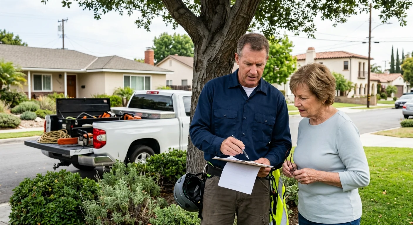 Arborist reviewing a written tree care estimate with a Torrance homeowner outdoors