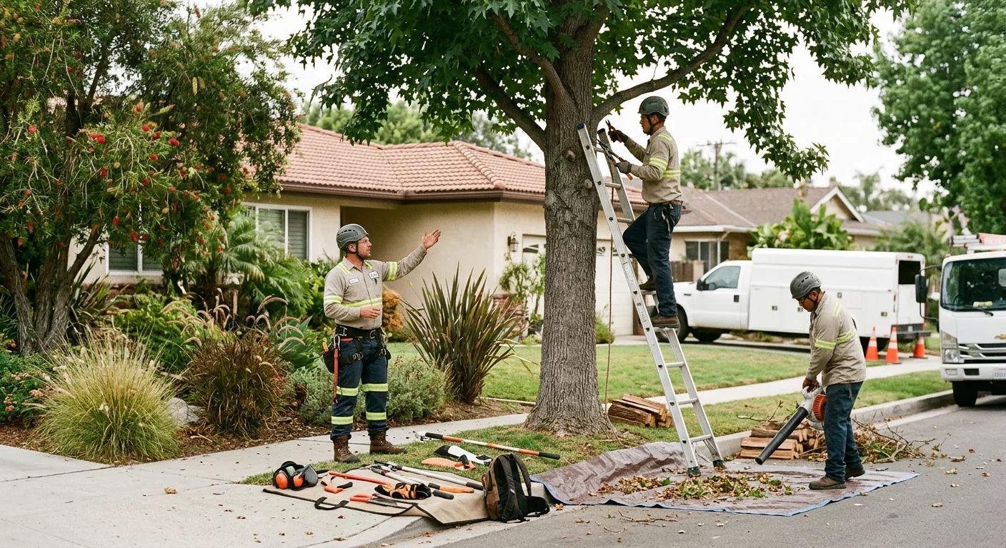 Crew conducting a seasonal tree inspection and pruning on a residential property