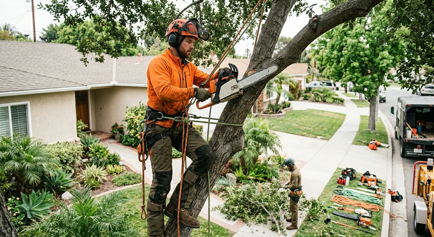 Tree crew loading professional pruning and rigging equipment for a Torrance property