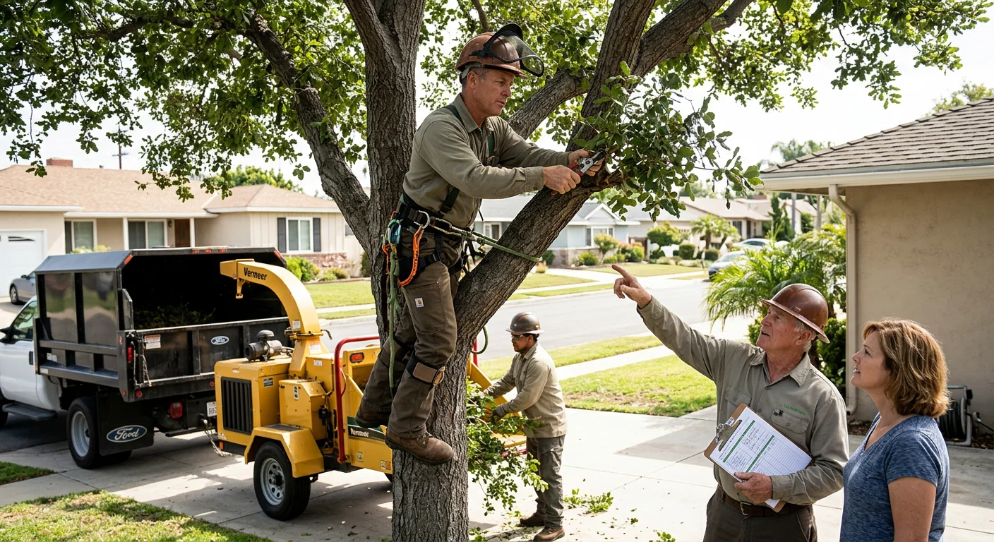 Arborist reviewing a written tree service estimate with a homeowner in Torrance