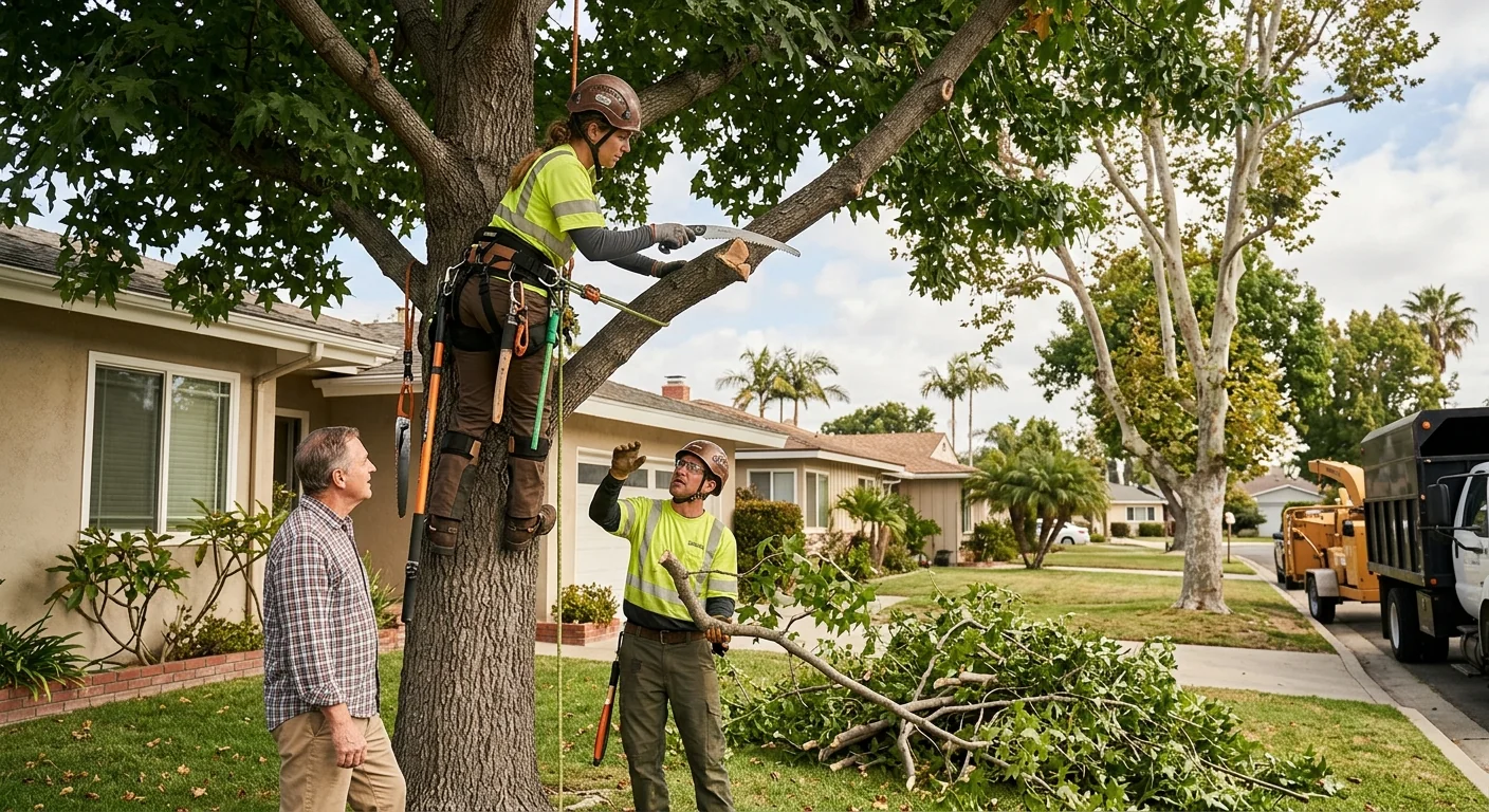 Tree care crew servicing a tree-lined residential street across a Torrance neighborhood