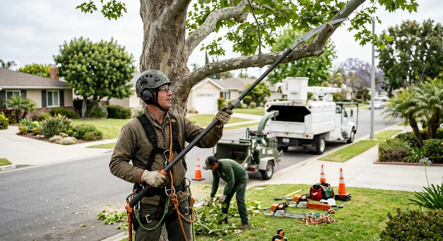Certified arborist performing structural pruning on a mature backyard tree in Torrance