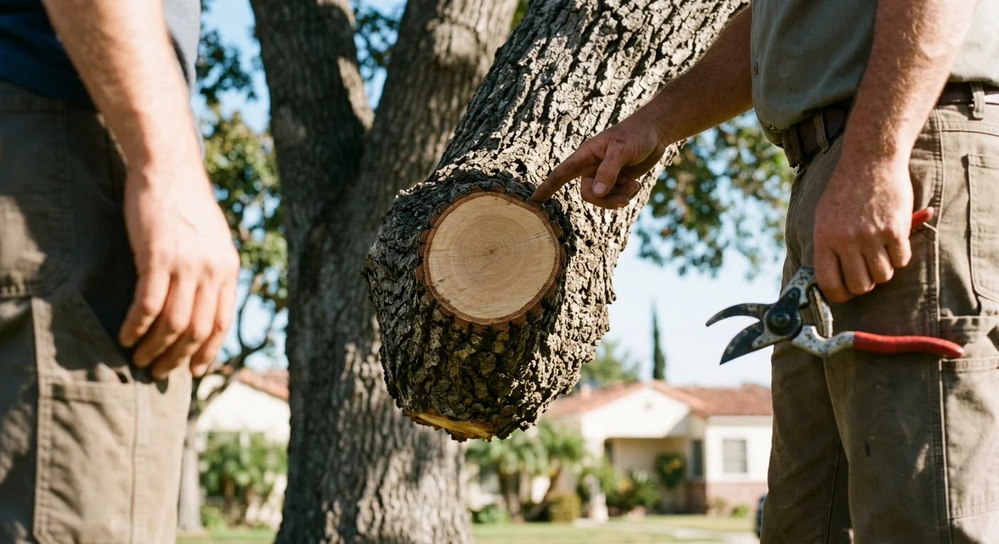 Close-up of a clean pruning cut at the branch collar on a mature oak