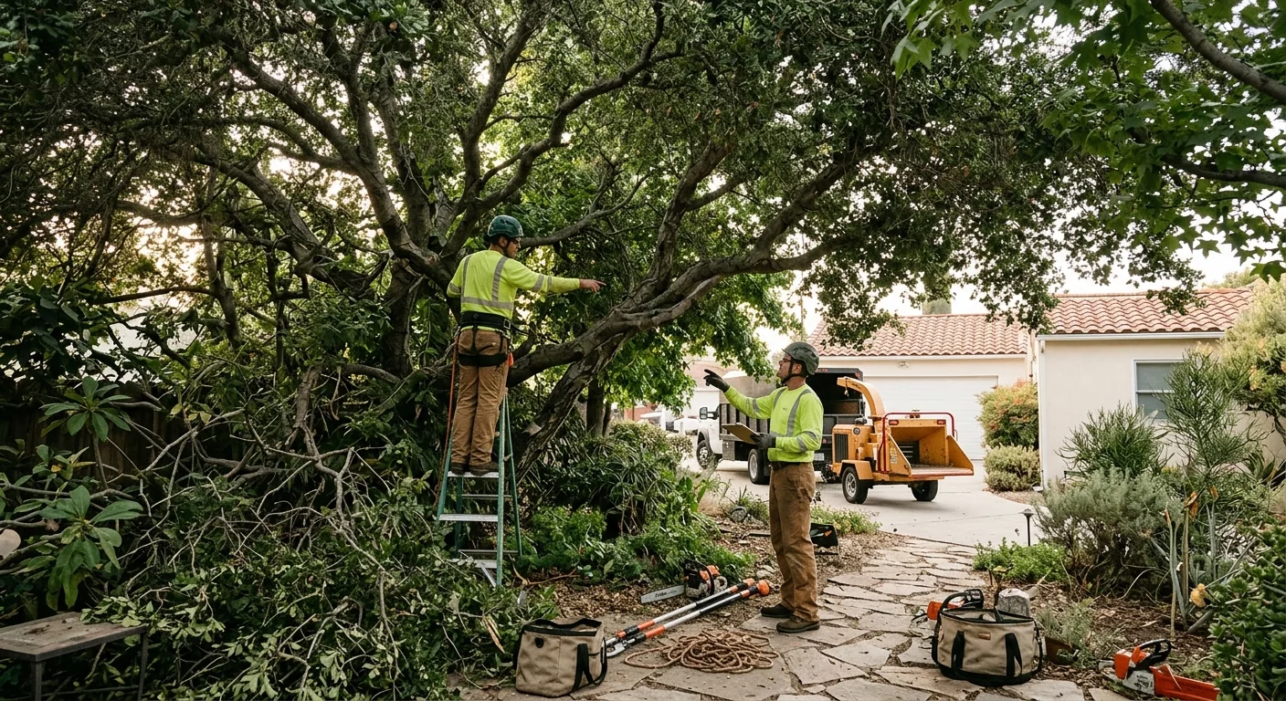 Overgrown backyard canopy before scheduled trimming and thinning work
