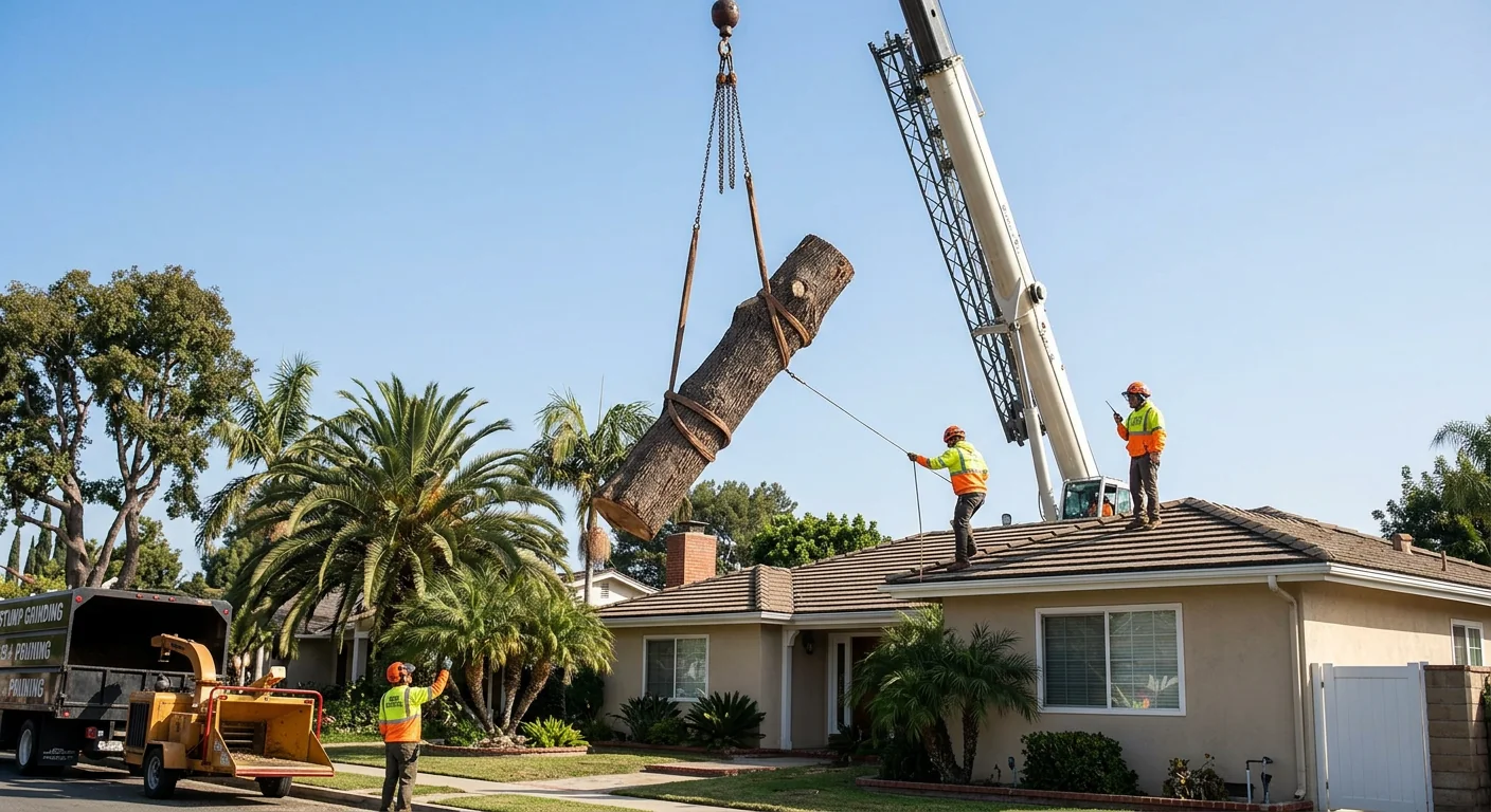 Crane lowering a large trunk section over a suburban rooftop