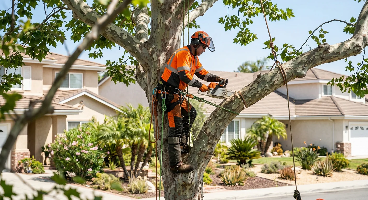 Arborist roped into a tall tree sectioning limbs during removal