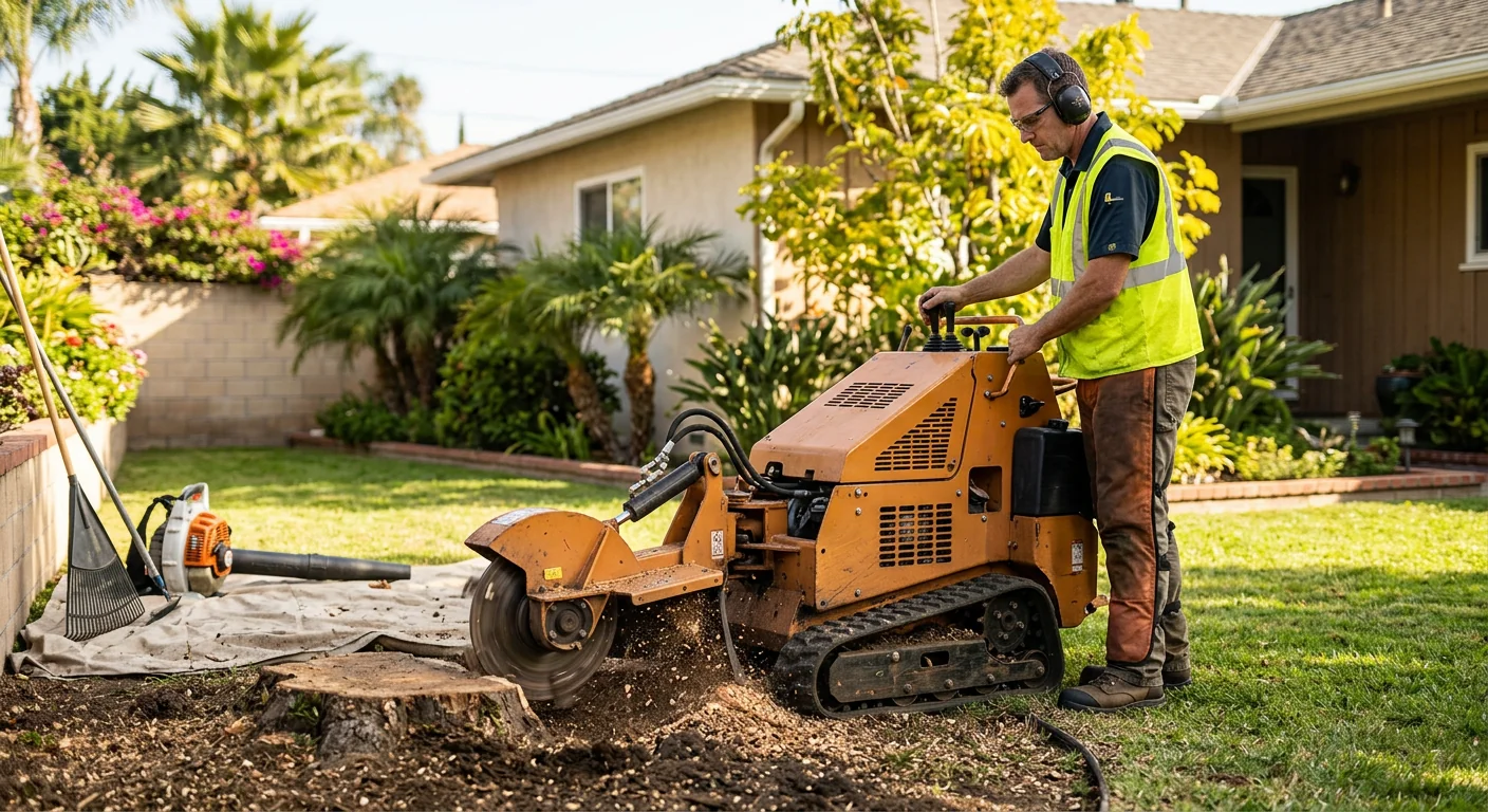 Stump grinder reducing a hardwood stump below grade in a tidy yard