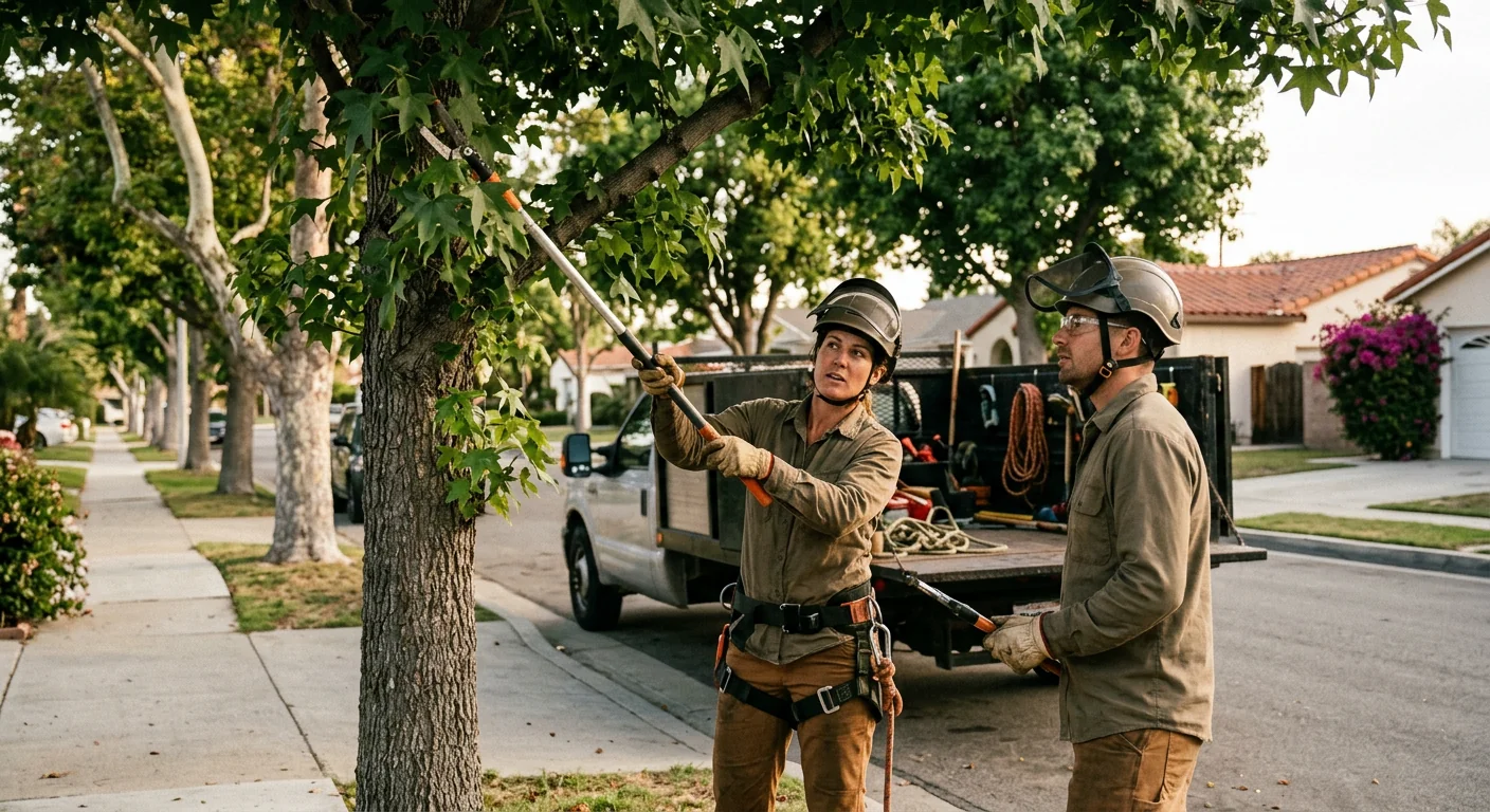 Arborist inspecting climbing rigging and safety gear before a Torrance tree removal
