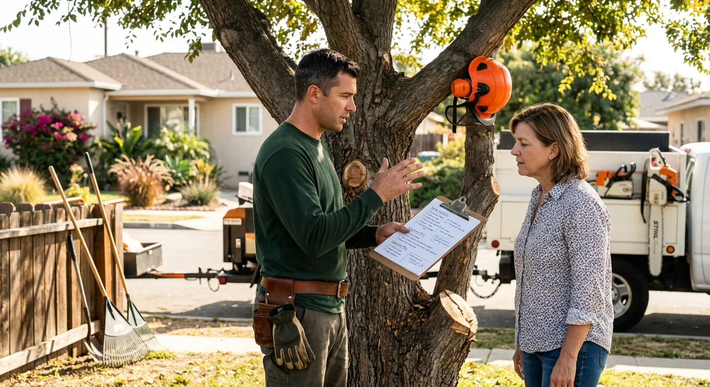 Arborist reviewing a written tree trimming estimate beside a mature tree in Torrance