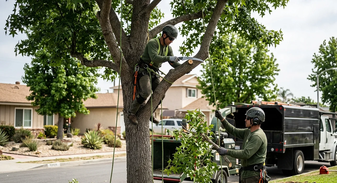 Overgrown residential tree canopy with crossing limbs needing trimming in Torrance