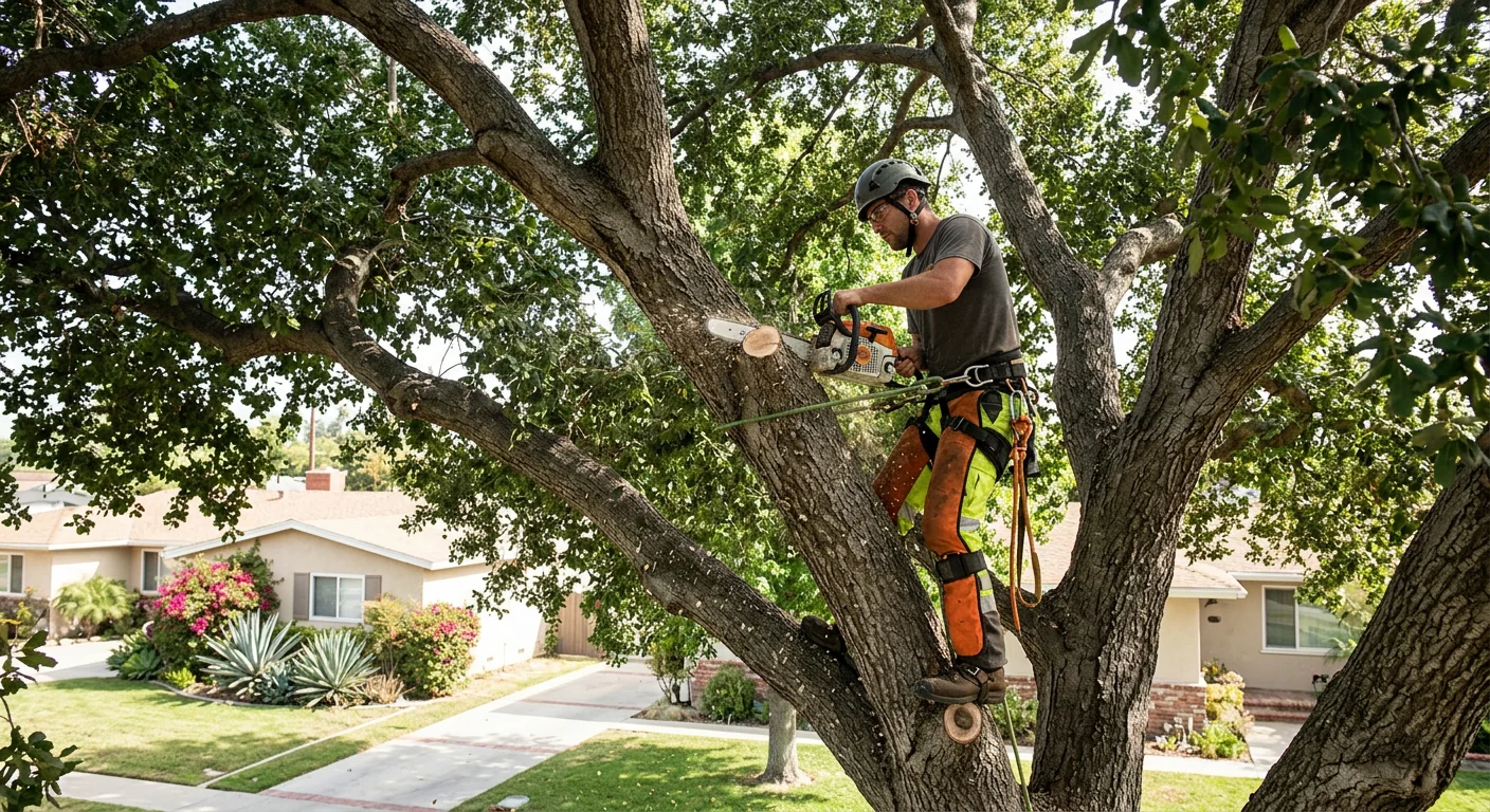 Certified climber making a precise reduction cut high in a residential canopy
