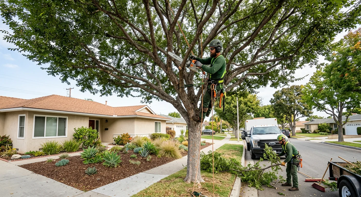 Wide view of a balanced trimmed canopy over a Torrance front yard