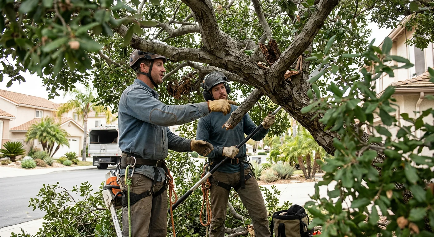 Overgrown canopy before trimming with crossing limbs and dense crown