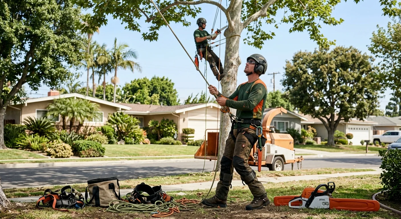 Arborist shaping a canopy with directional pruning cuts on a Torrance property
